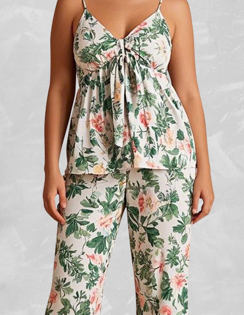 Floral camisole lounge set with tie-front cami and cropped wide-leg pants, green floral