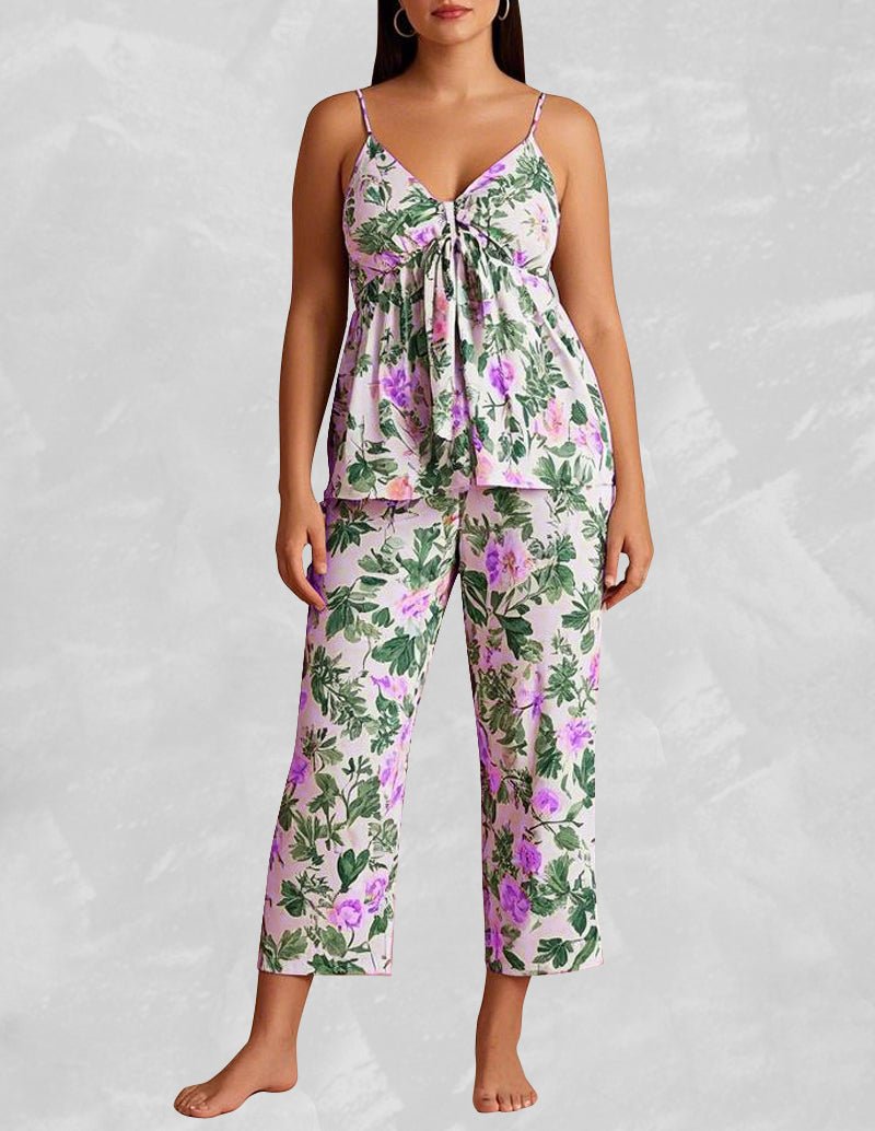 Floral camisole lounge set with tie-front cami and cropped wide-leg pants, purple mix