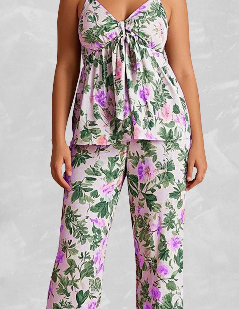 Floral camisole lounge set with tie-front cami and cropped pants, purple and green print