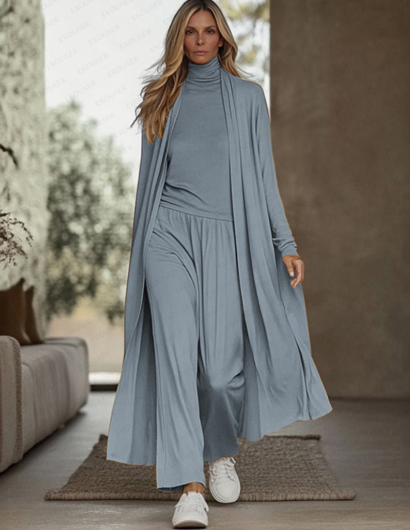 Blue 3-piece lounge set with long-sleeve turtleneck dress over matching pants