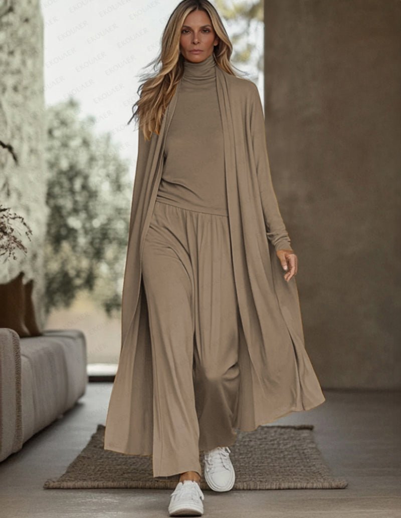 Khaki 3-piece lounge set with long-sleeve turtleneck dress over matching pants