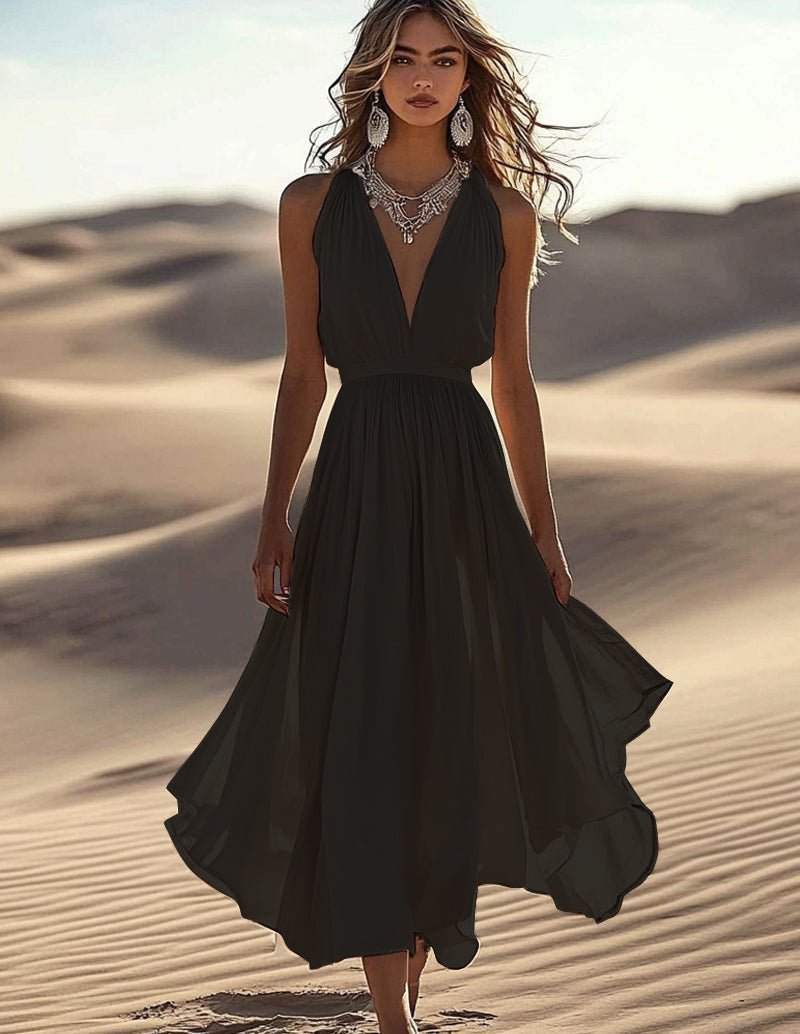 Black sleeveless deep V-neck midi dress with gathered waist and flowing layered skirt.