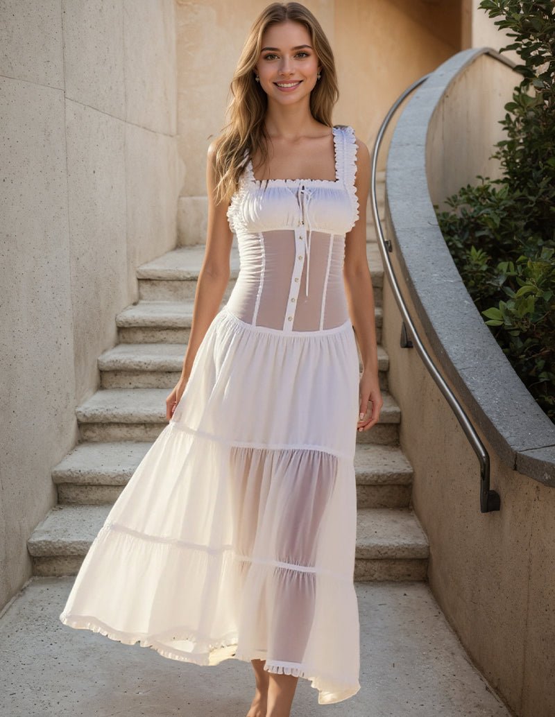 White mesh square-collar sleeveless midi dress with tiered skirt and corset-style bodice