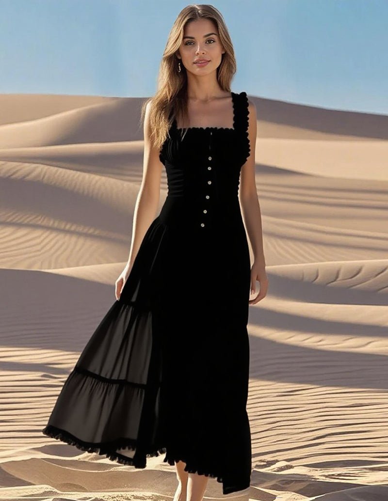 Black mesh square-collar midi dress with tiered skirt and corset bodice button front