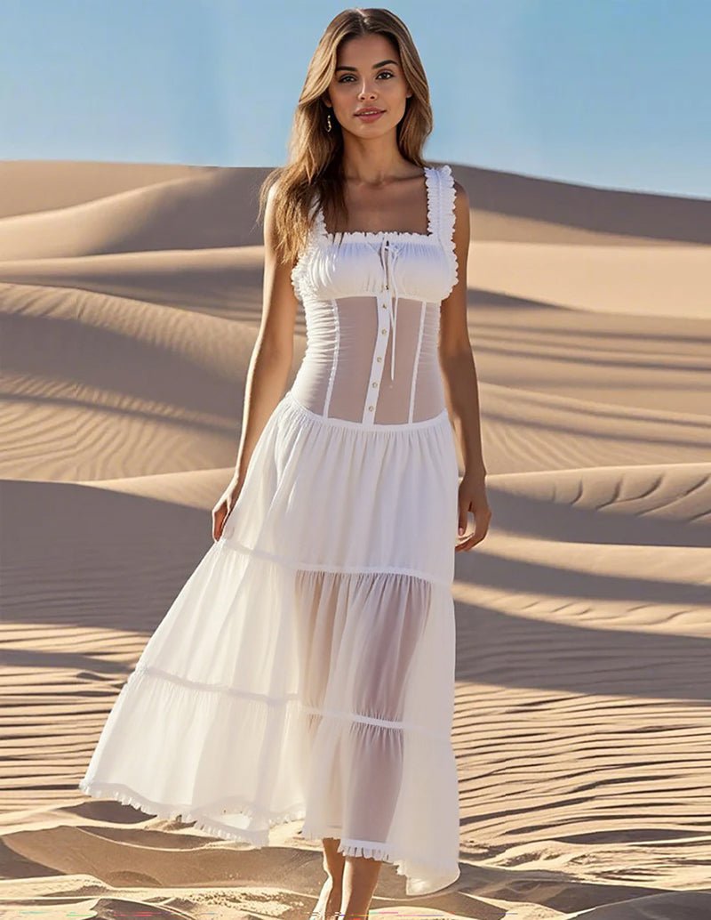 White mesh square-collar midi dress, tiered skirt and corset-style bodice with buttons
