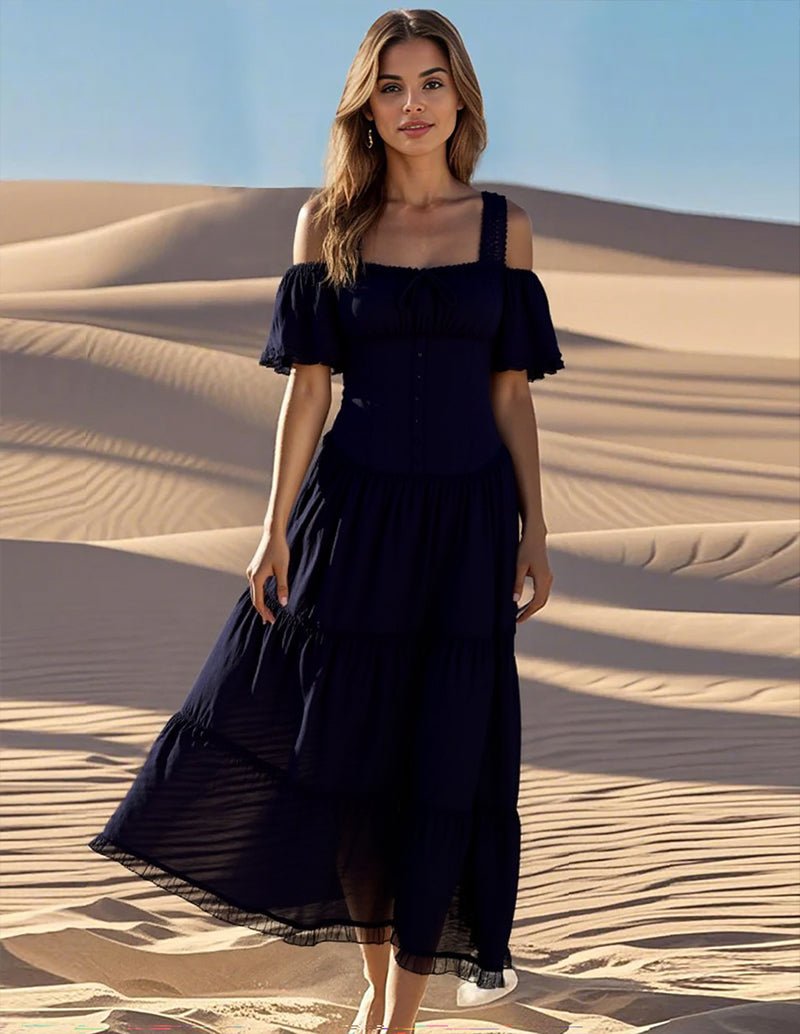 Black square-collar midi dress with off-shoulder ruffle sleeves and tiered skirt