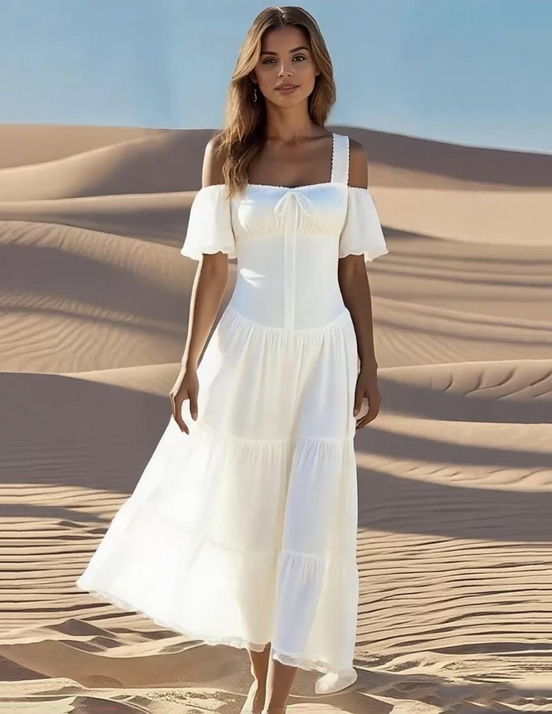 White square-collar midi dress with cold-shoulder ruffle sleeves and tiered skirt