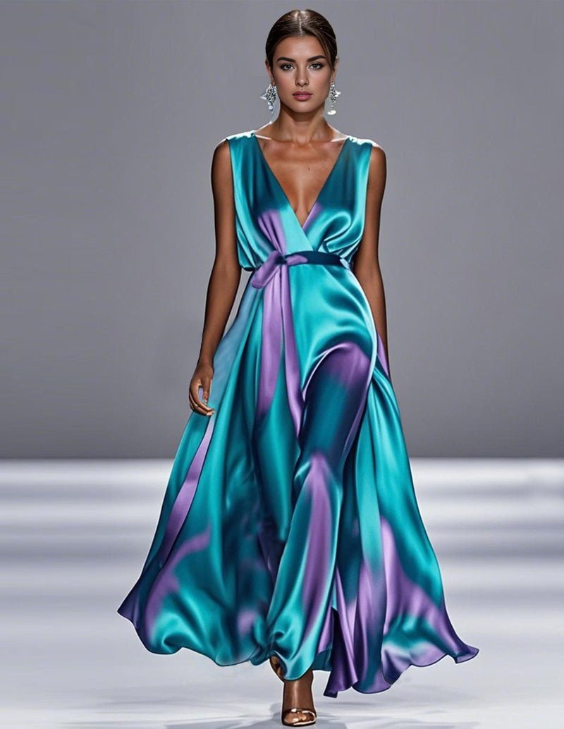 Satin tie-dye maxi dress with V-neck, sleeveless drape and waist tie, teal and purple