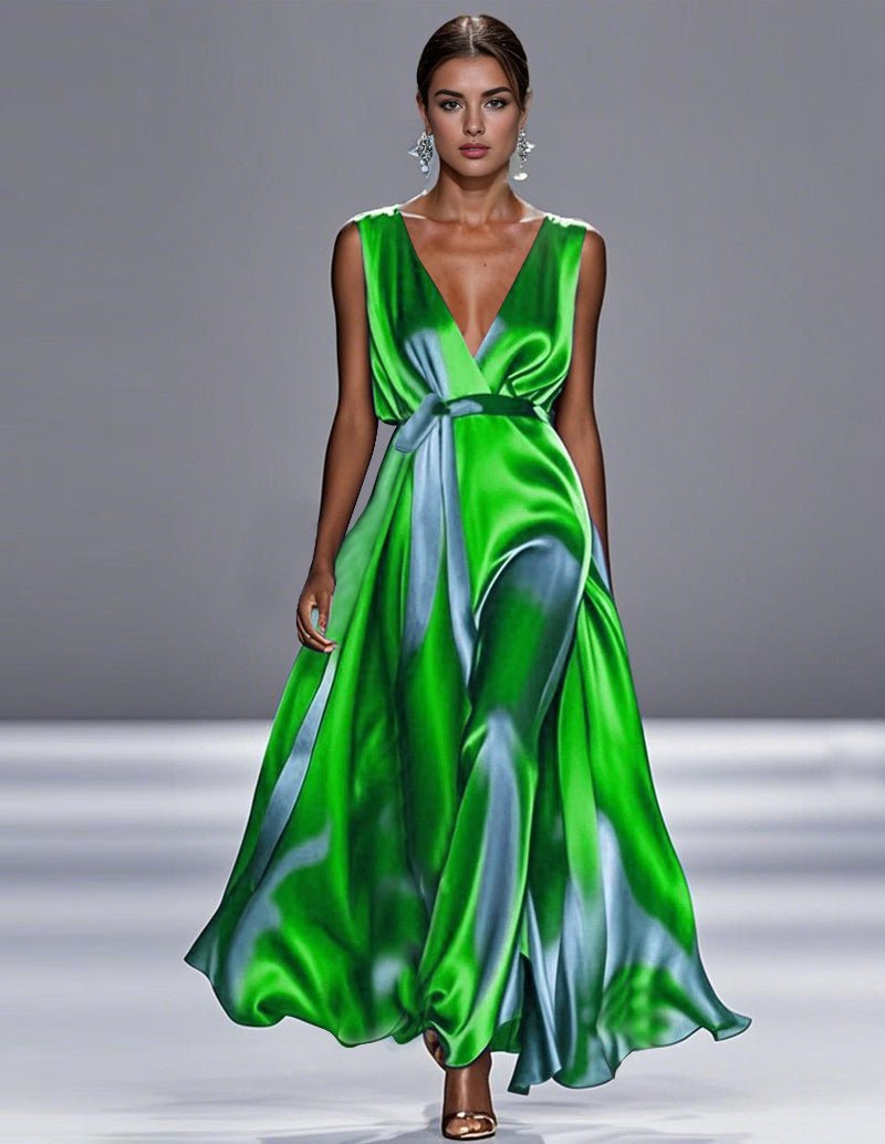 Satin tie-dye maxi dress with V-neck, sleeveless drape and waist tie, green and gray