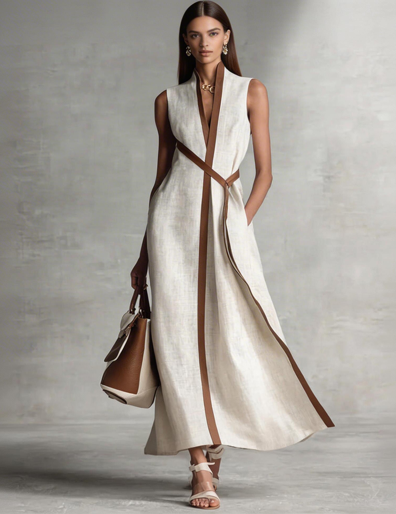 Elegant Sleeveless Maxi Dress with Brown Trim