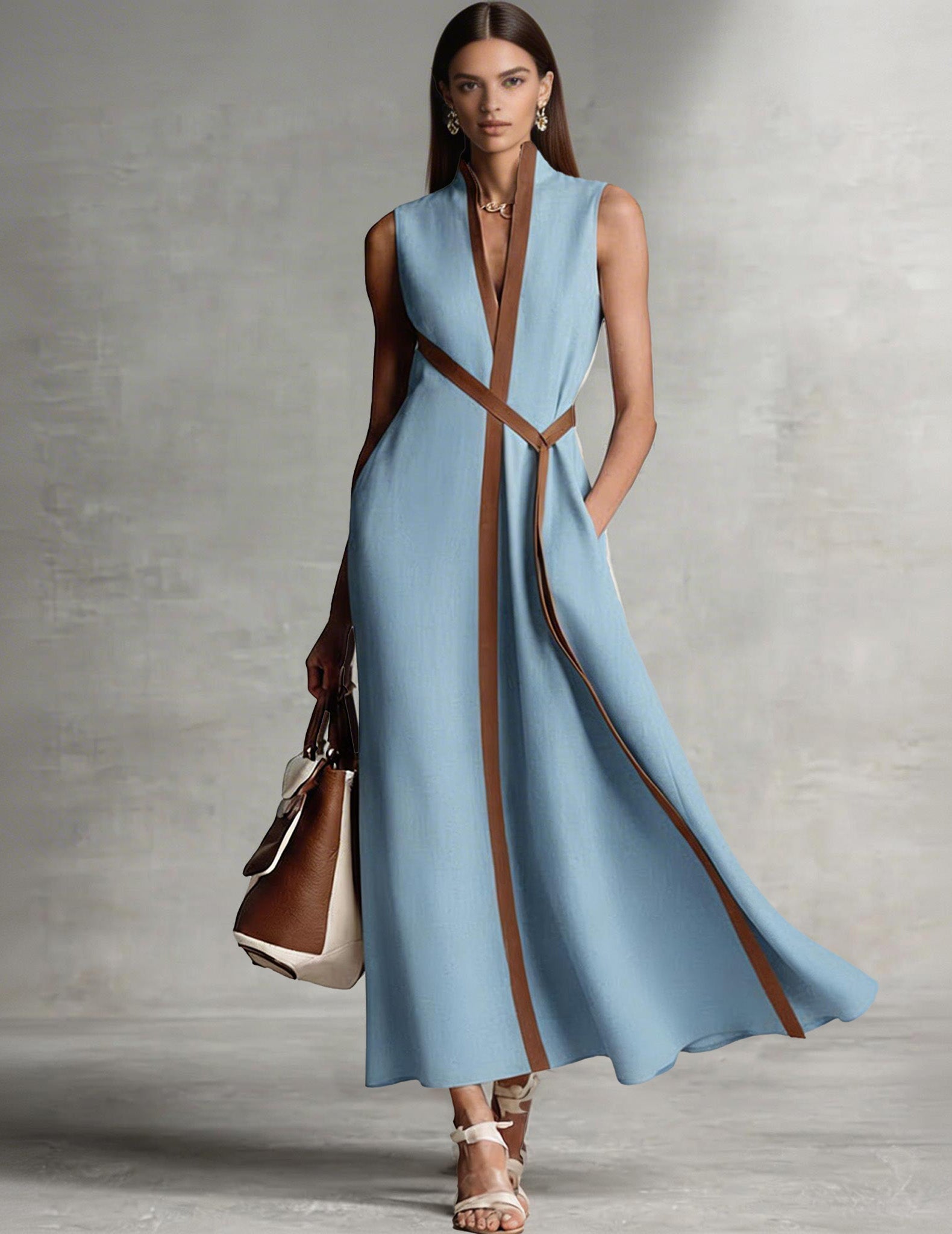 Vestido maxi sin mangas azul claro con ribete marrón y detalle de cinturón cruzado