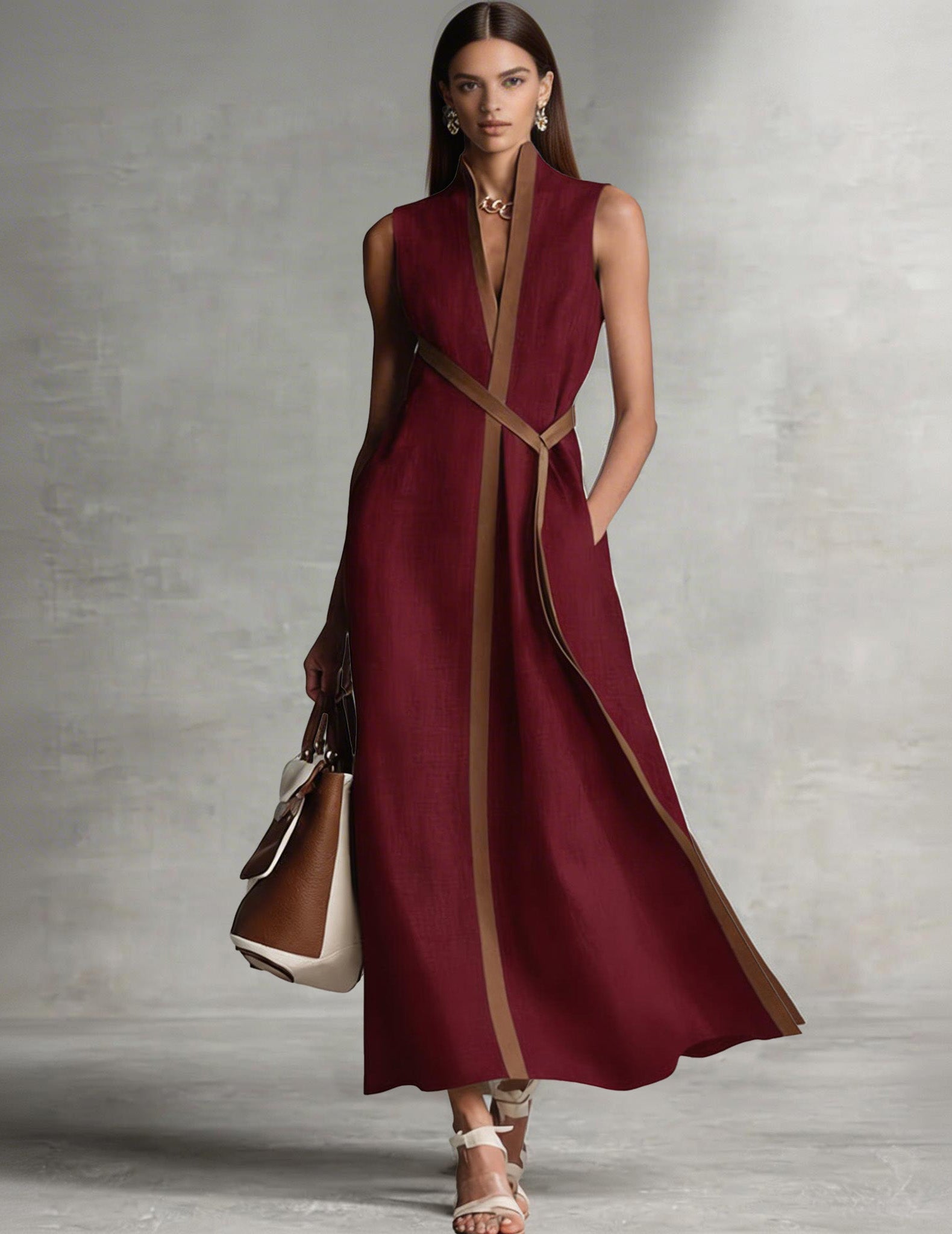 Vestido maxi sin mangas granate con ribete marrón y cinturón cruzado con caída larga