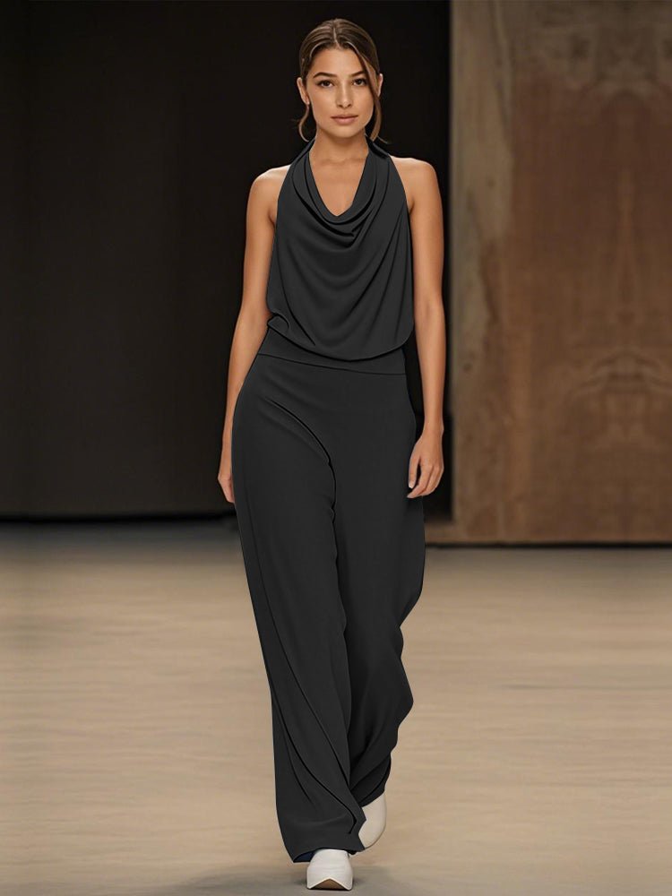 Two-piece drape-collar sleeveless top and wide-leg pants set, black