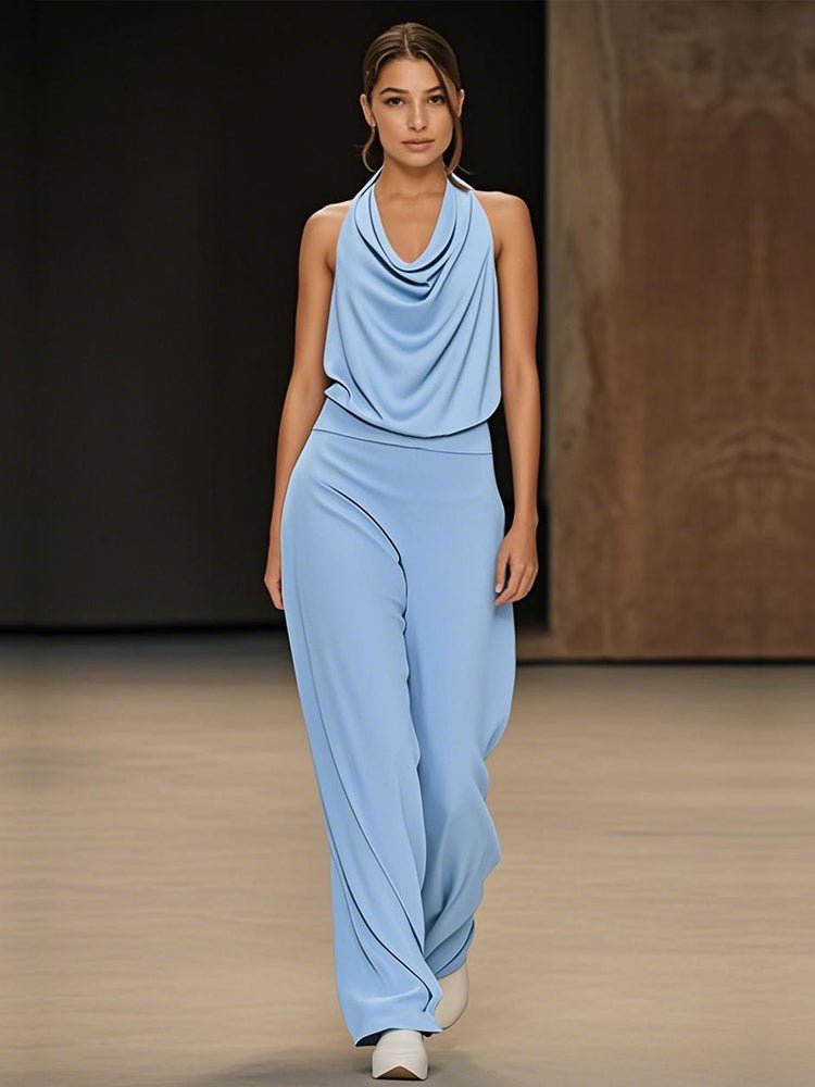 Two-piece drape-collar sleeveless top and wide-leg pants set, light blue