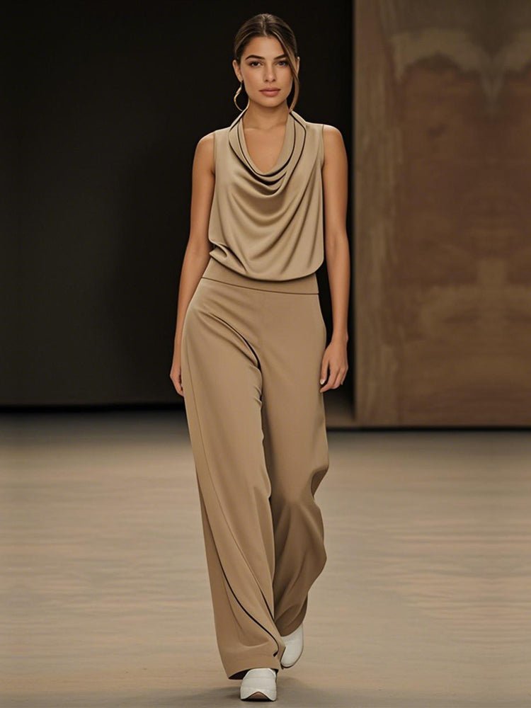 Two-piece drape-collar sleeveless top and wide-leg pants set, khaki