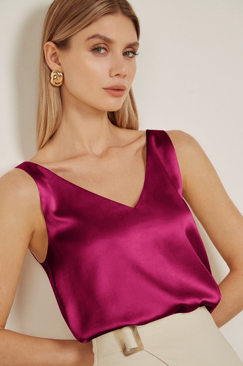 Wineberry silk satin sleeveless V-neck tank top, wide straps