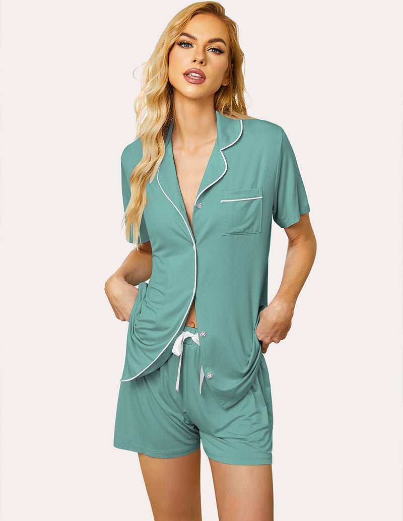 Aqua green pajama set: short-sleeve button shirt and drawstring shorts, piping trim