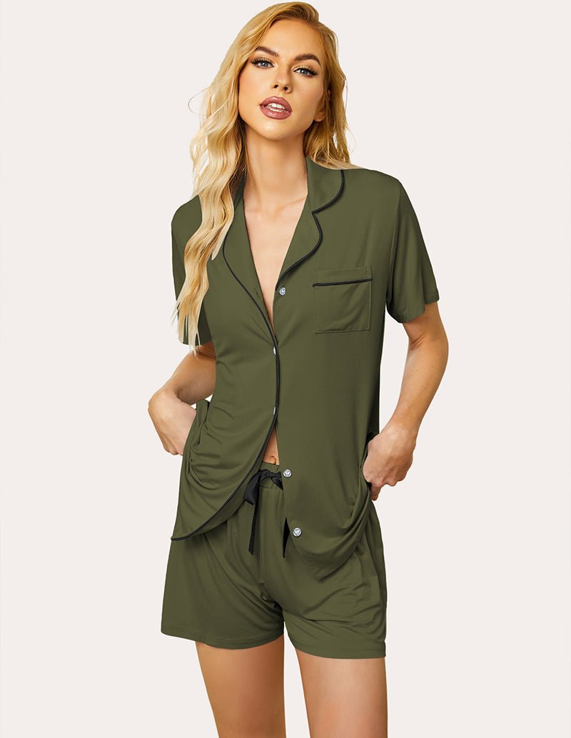 Army green pajama set with short-sleeve button shirt and drawstring shorts, contrast piping