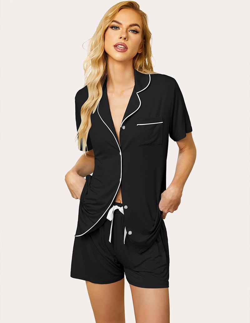 Black pajama set: short-sleeve button shirt and drawstring shorts with contrast piping