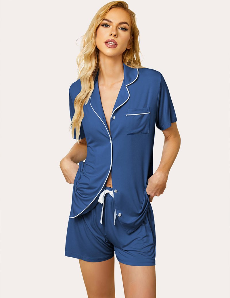 Navy blue pajama set: short-sleeve button shirt and drawstring shorts, contrast piping
