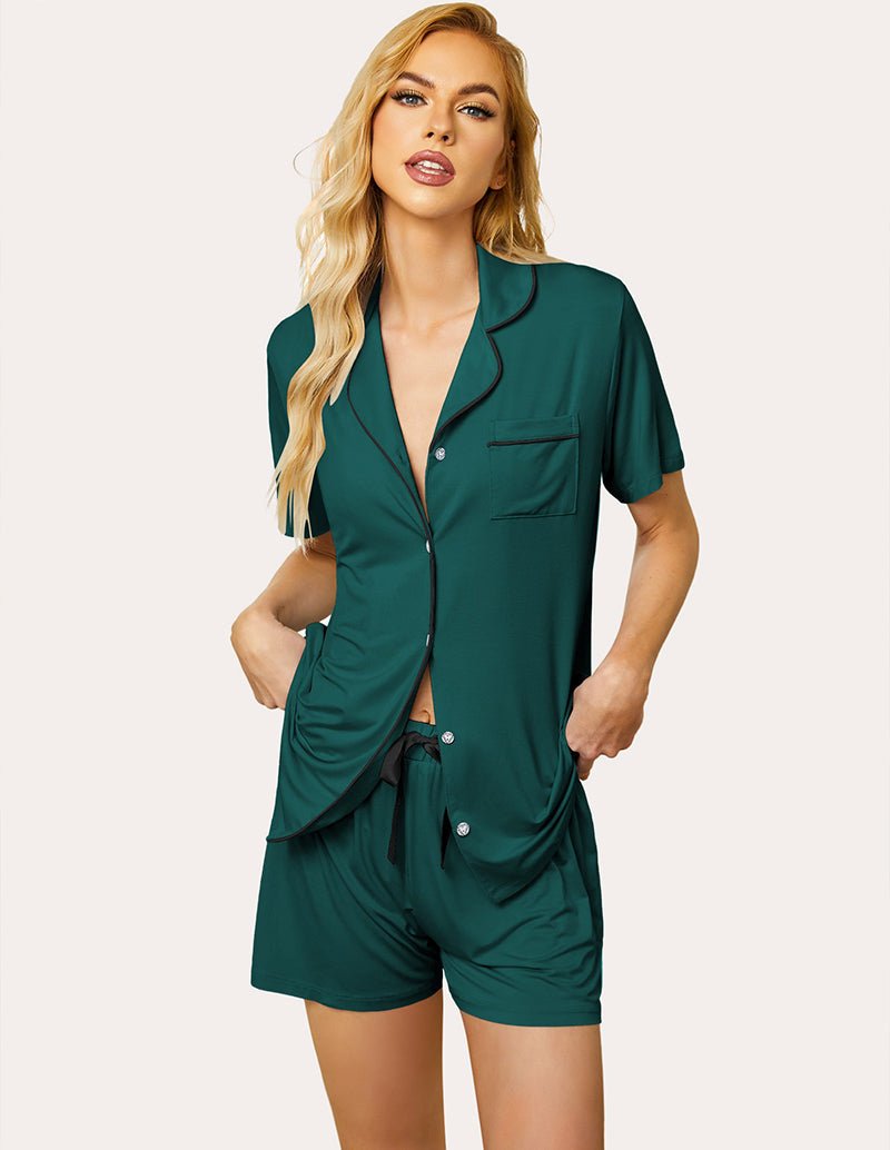 Green pajama set: short-sleeve button shirt and drawstring shorts, piping edge detail