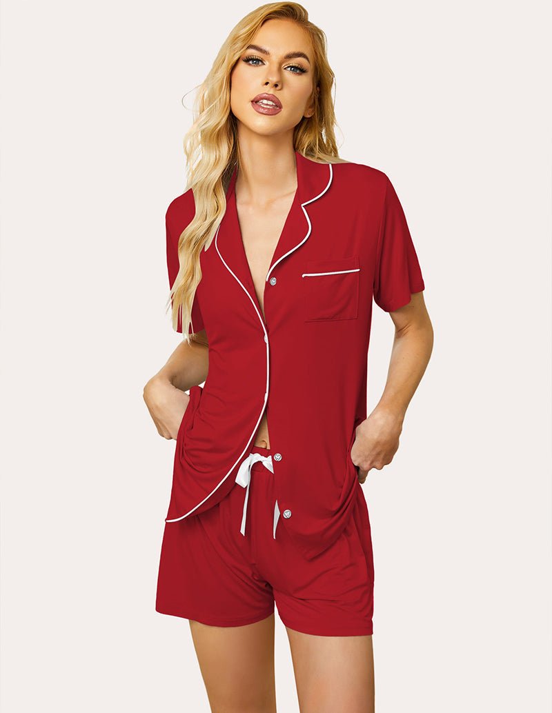 Red pajama set: short-sleeve button shirt and drawstring shorts with contrast piping