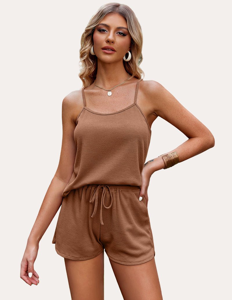 Brown camisole and drawstring shorts lounge set, spaghetti straps