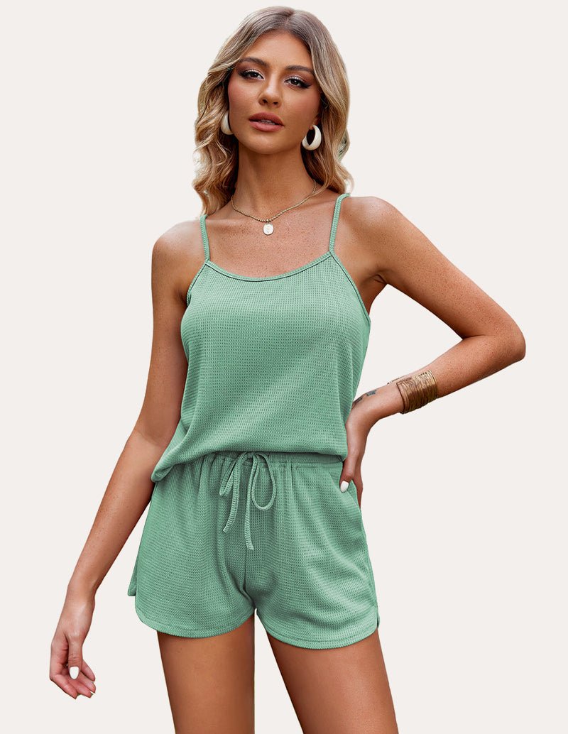 Green camisole and drawstring shorts lounge set, spaghetti straps
