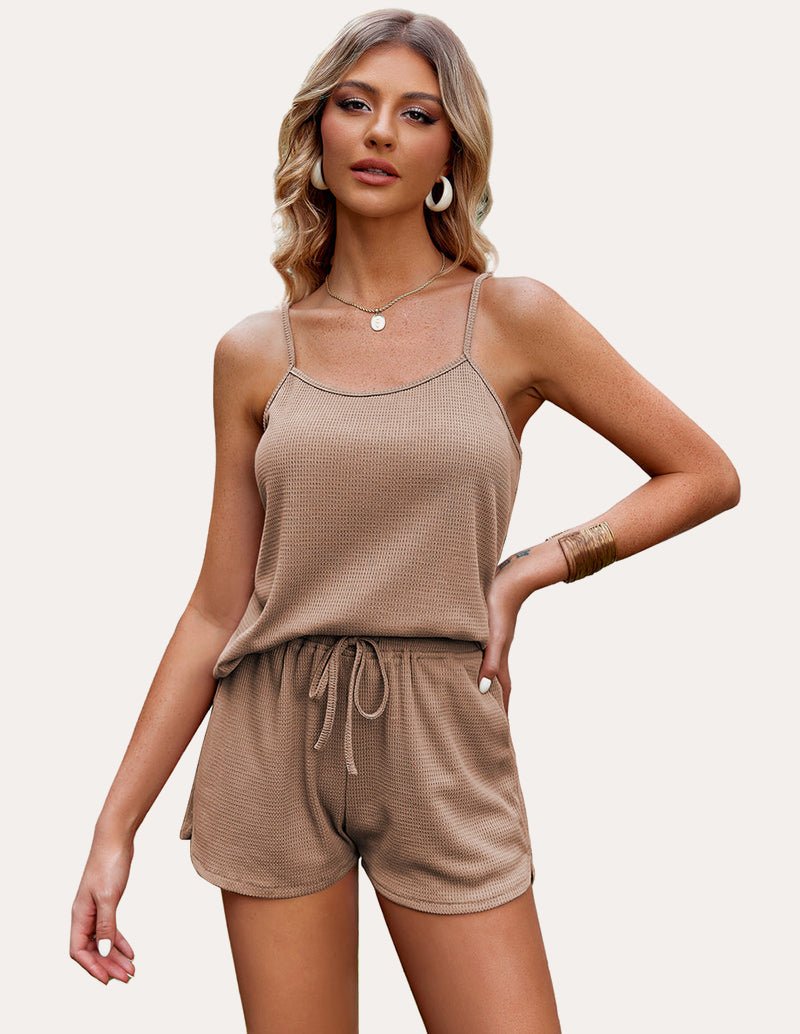 Khaki camisole and drawstring shorts lounge set, spaghetti straps