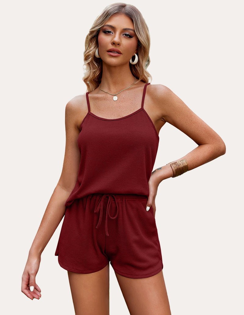 Red camisole and drawstring shorts lounge set, spaghetti straps