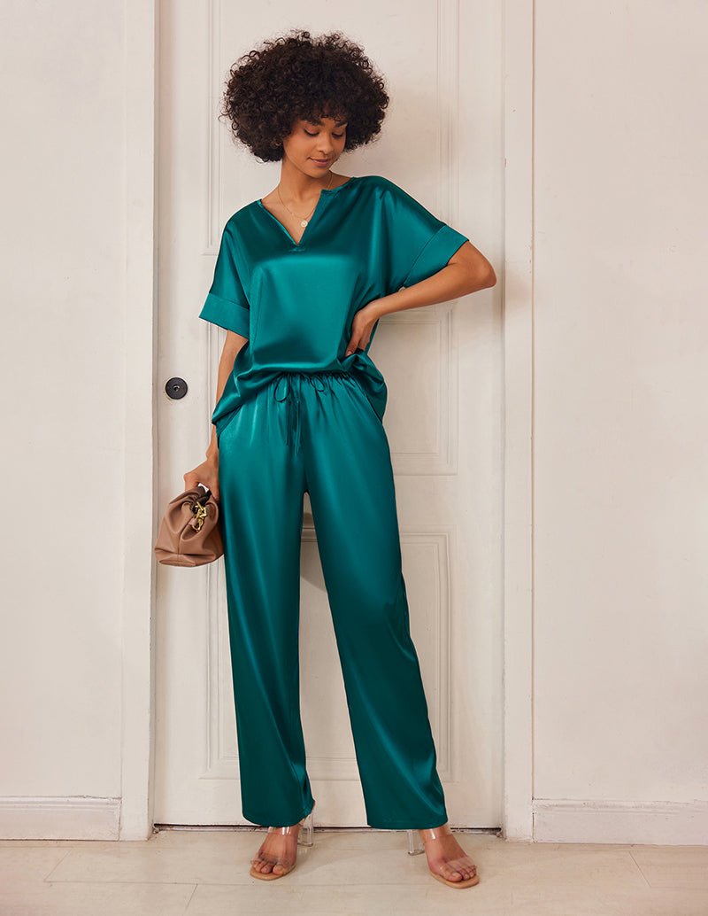 Green satin V-neck pajama set with short sleeves and drawstring wide-leg pants