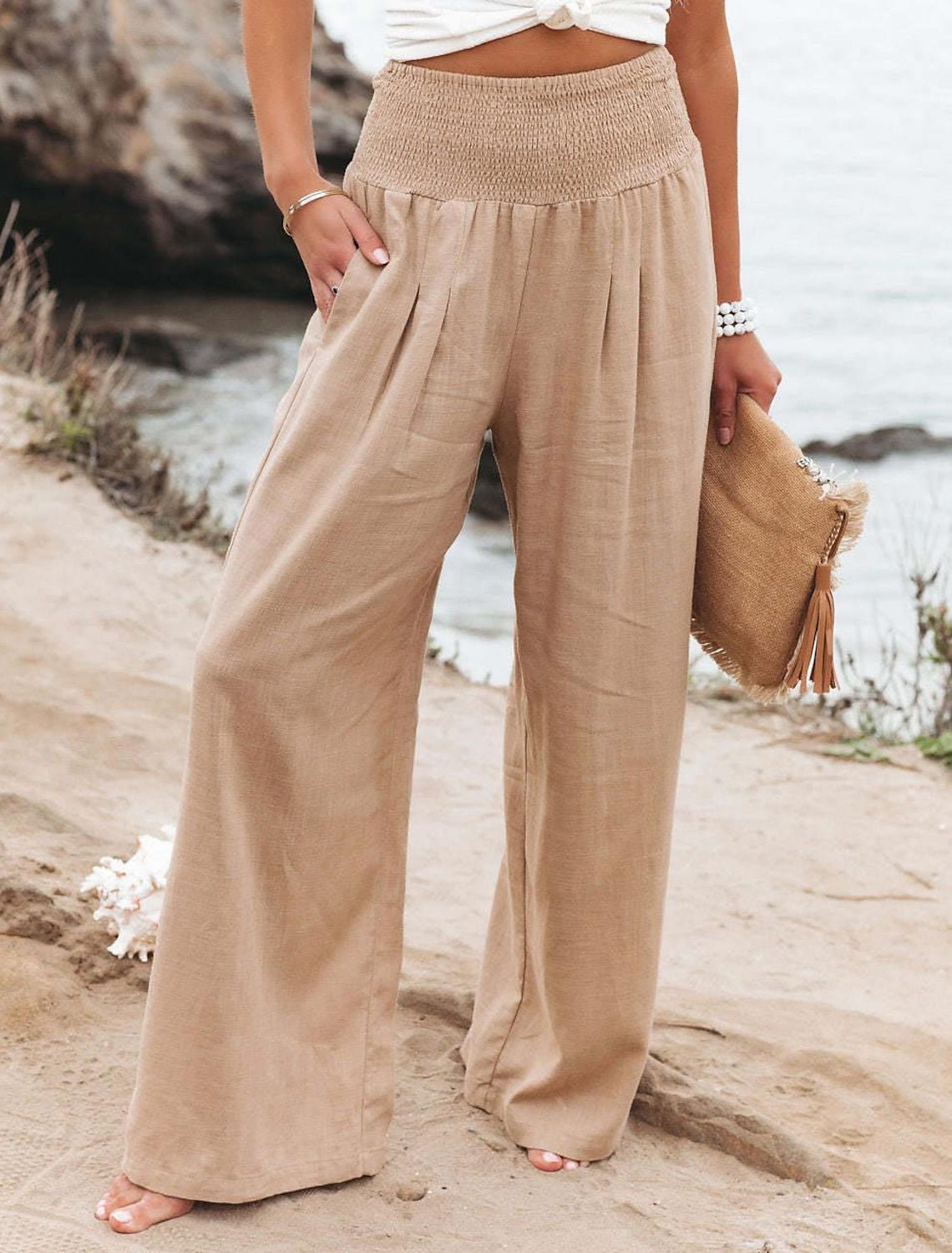 Khaki cotton wide-leg lounge pants, elastic smocked waistband and pleated front