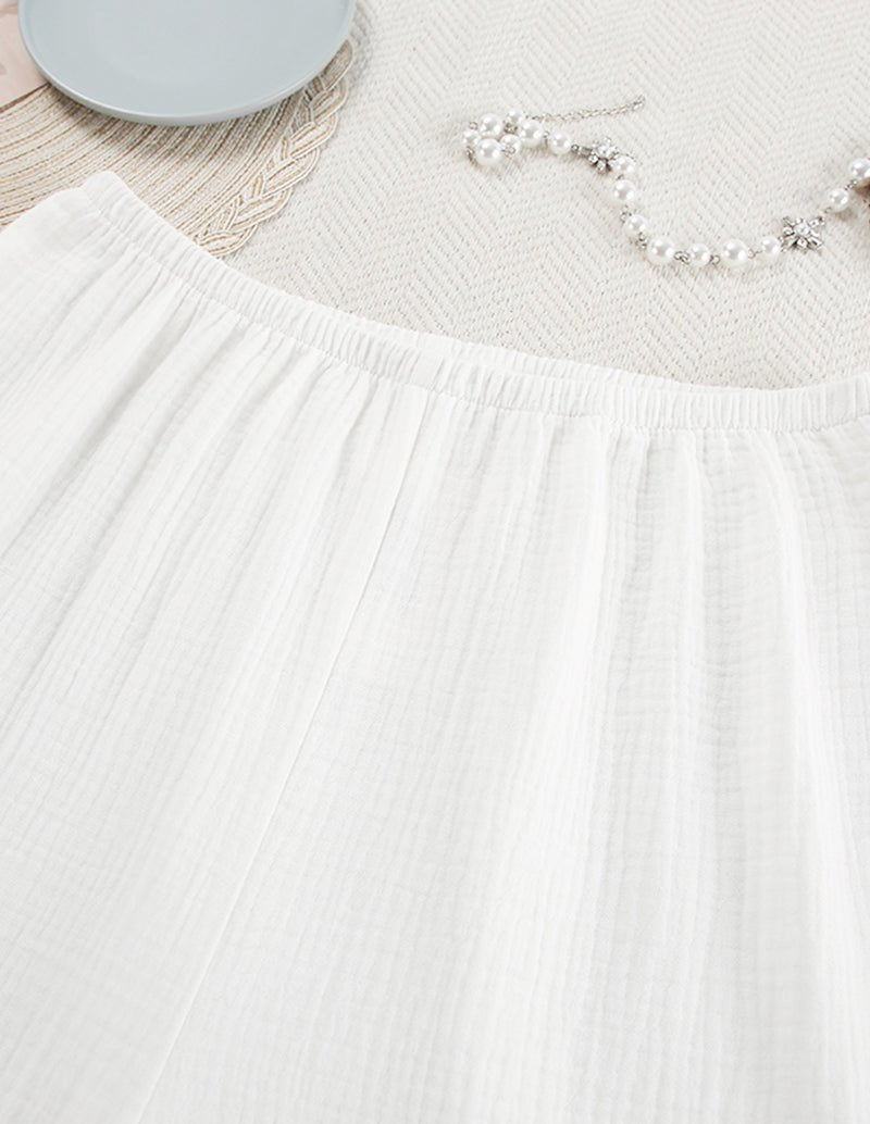 White cotton lounge set neckline and elastic waist with soft gathered placket