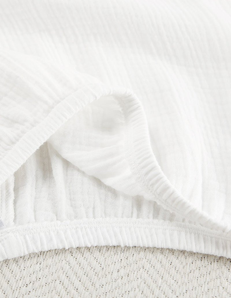 White cotton lounge set elastic cuff detail with gathered hem