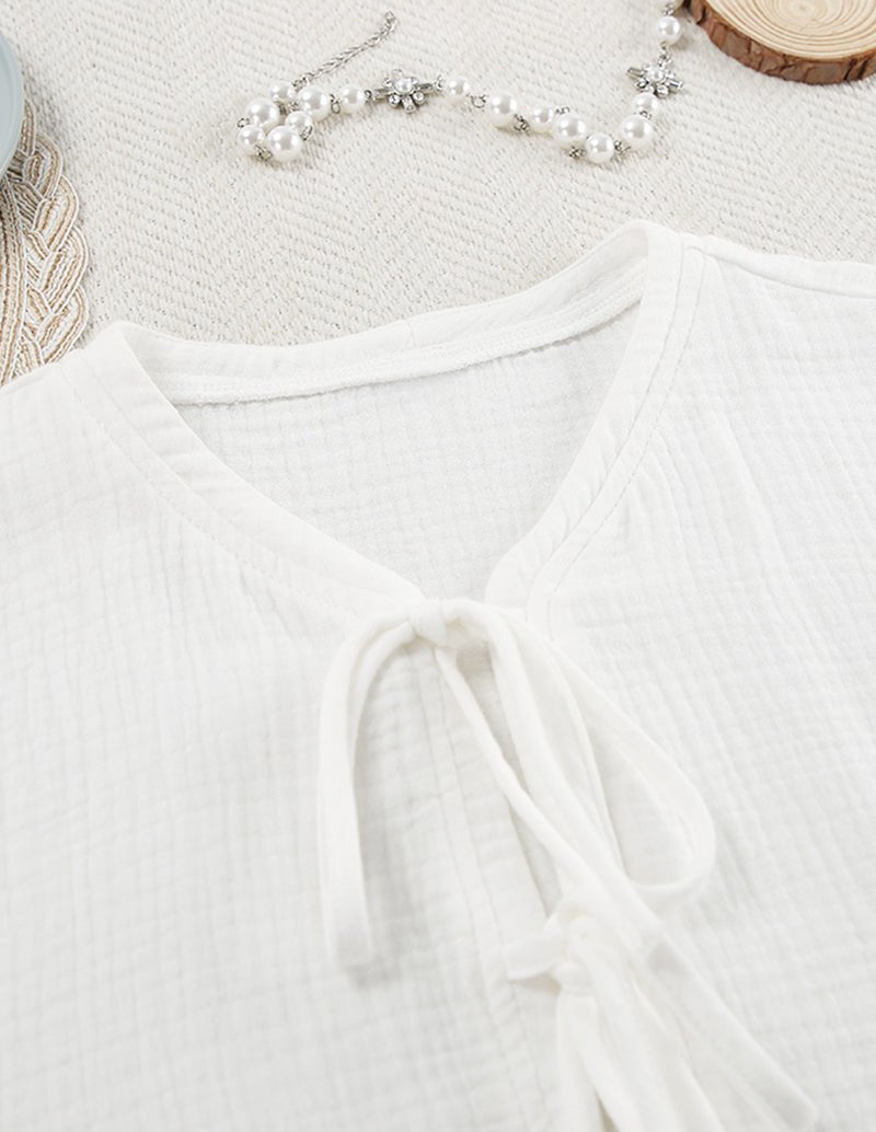 White cotton lounge set V-neck with adjustable drawstring tie detail