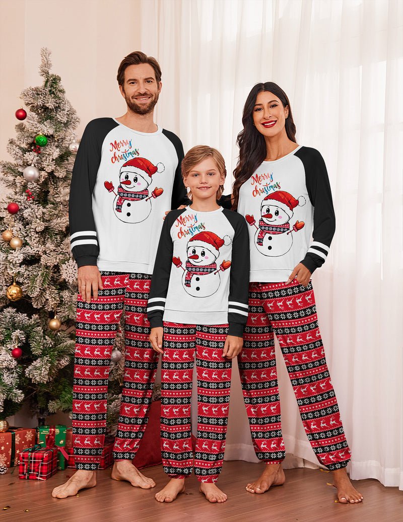 Family matching Christmas pajama set (men, women, kids) black/white snowman, red pattern
