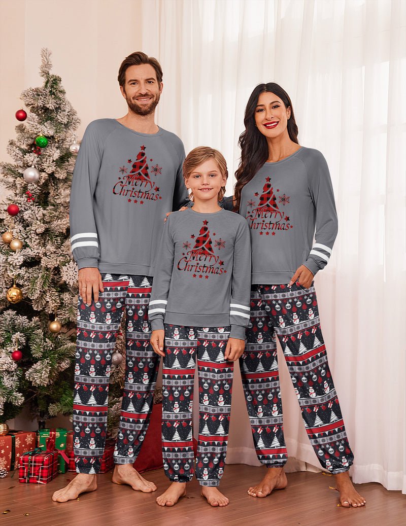 Grey Christmas pajama set with red tree graphic, striped cuffs and patterned bottoms