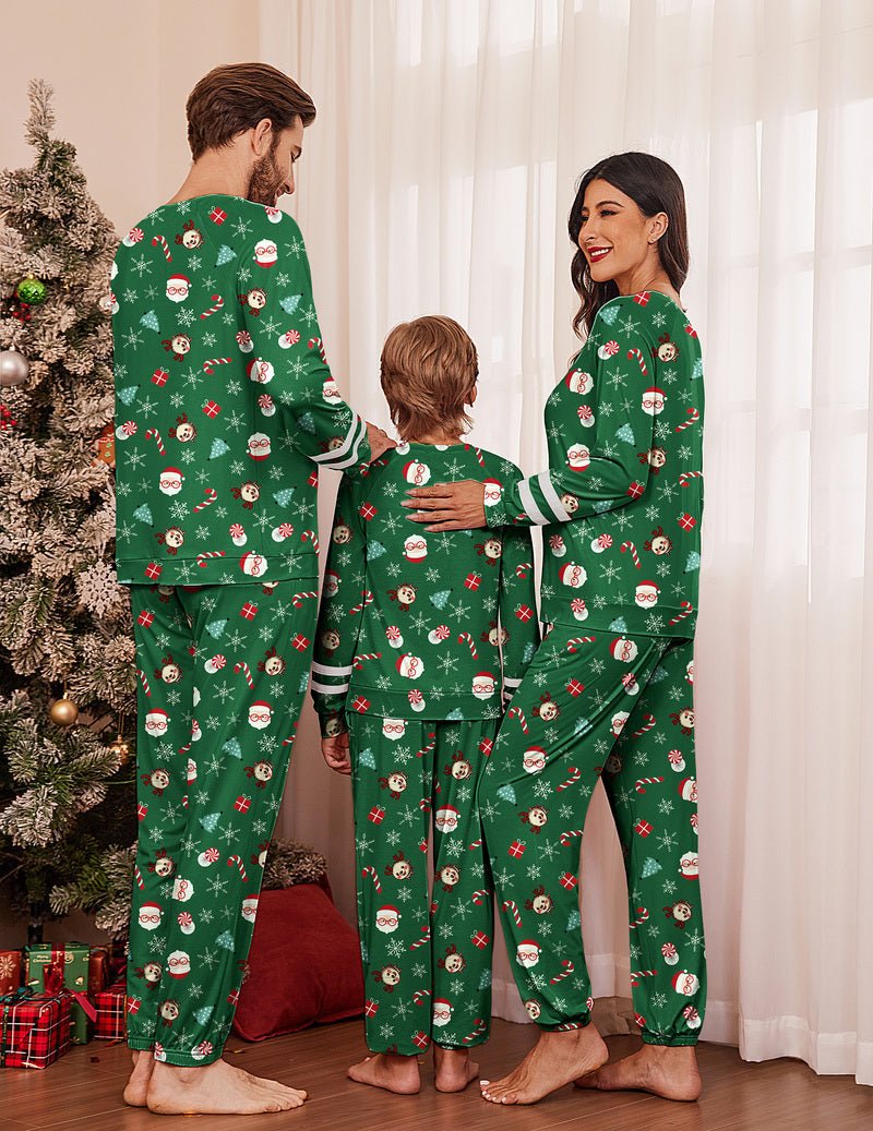 Back view of green family Christmas pajama set with character and stripe cuffs