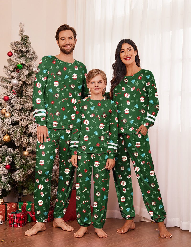 Green Christmas pajama set for family (men, women, kids) with repeating character graphics