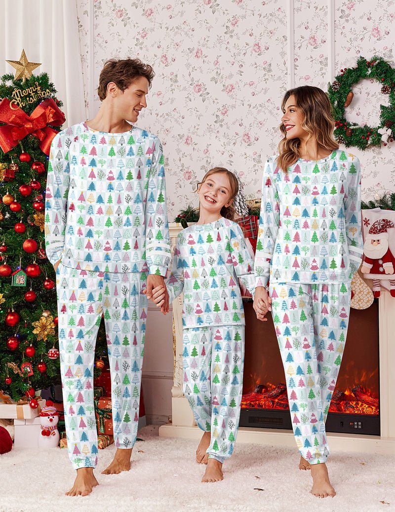 Christmas pajamas set with colorful tree print, long sleeves and matching pants