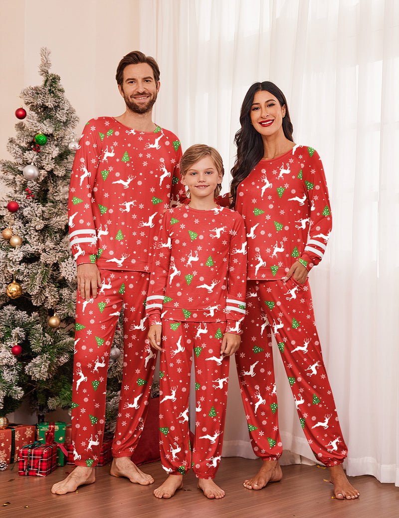 Family matching Christmas pajama set (men, women, kids) red with reindeer and green details