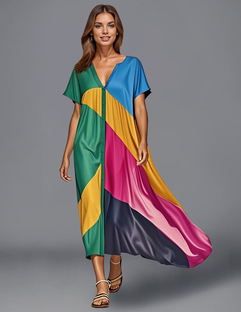 Color block satin maxi dress with V-neck, short sleeves, and multicolor panels