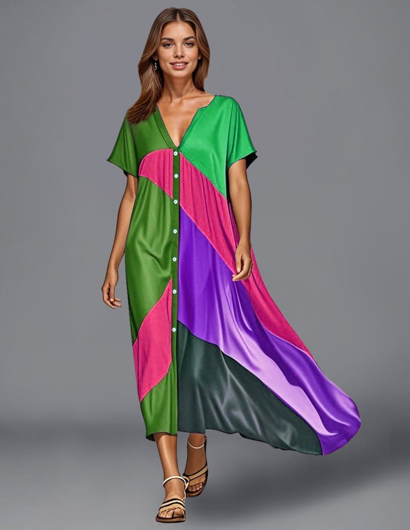 Color block satin maxi dress with button-front V-neck and green, pink, purple panels