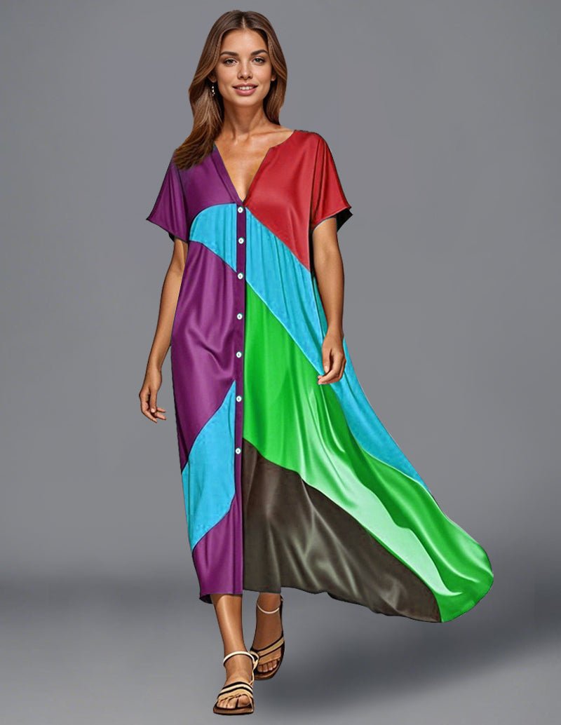 Color block satin maxi dress with button-front V-neck and magenta, red, teal, green panels