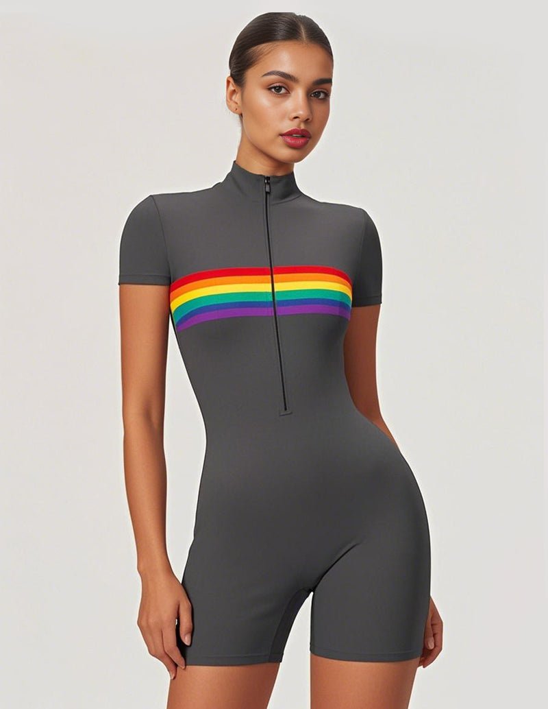 Gray stretch rainbow print zip-front short-sleeve jumpsuit with high neck