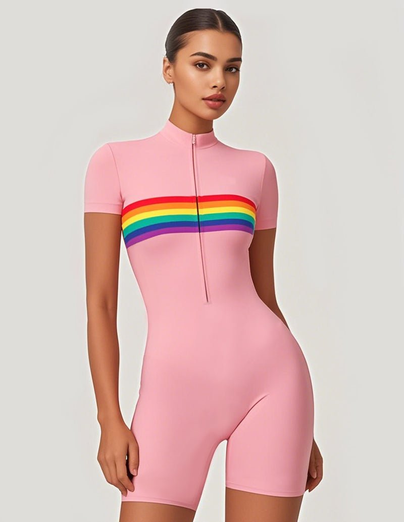 Pink stretch rainbow print zip-front short-sleeve jumpsuit with high neck