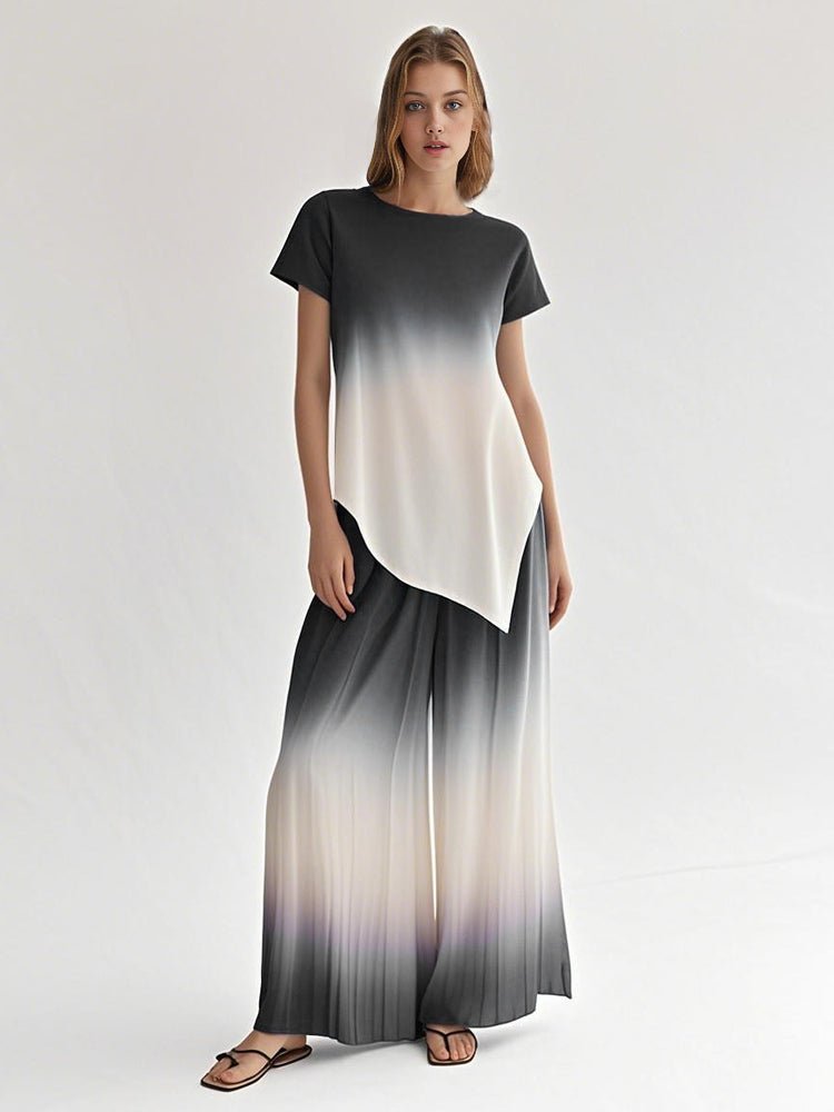 Black-and-white tie-dye top and wide-leg pants set with draped asymmetric hem