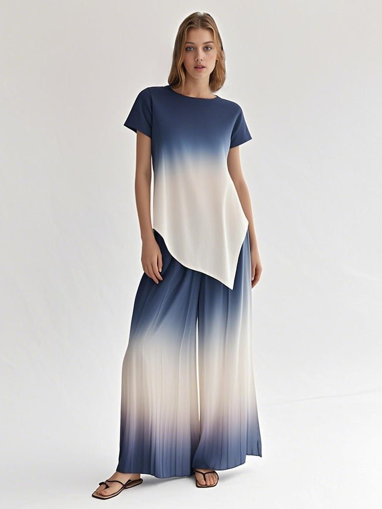 Blue tie-dye top and wide-leg pants set with draped asymmetric hem