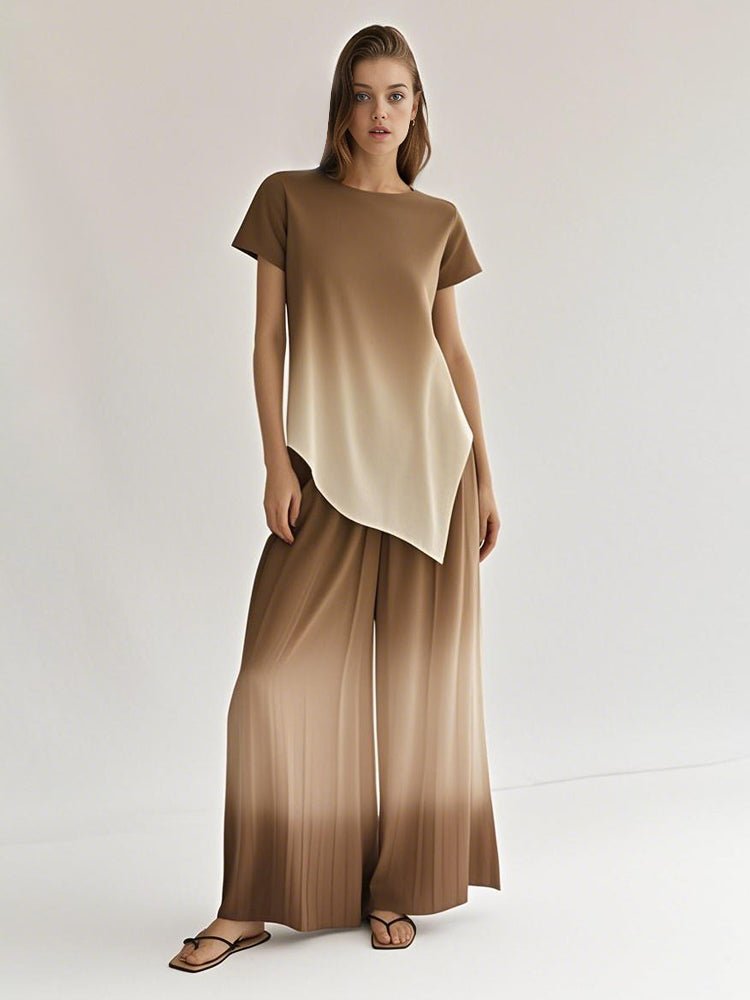 Khaki tie-dye top and wide-leg pants set with draped asymmetric hem
