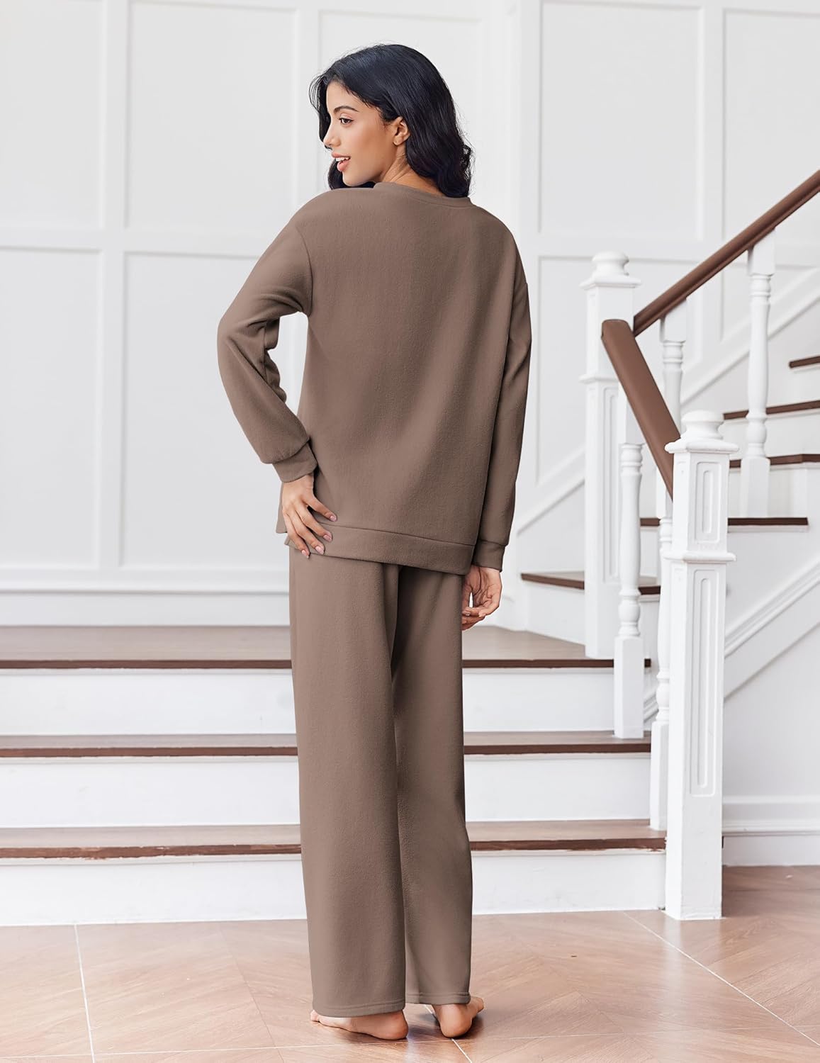 Khaki-brown fleece long-sleeve lounge set with matching straight-leg pants, back view